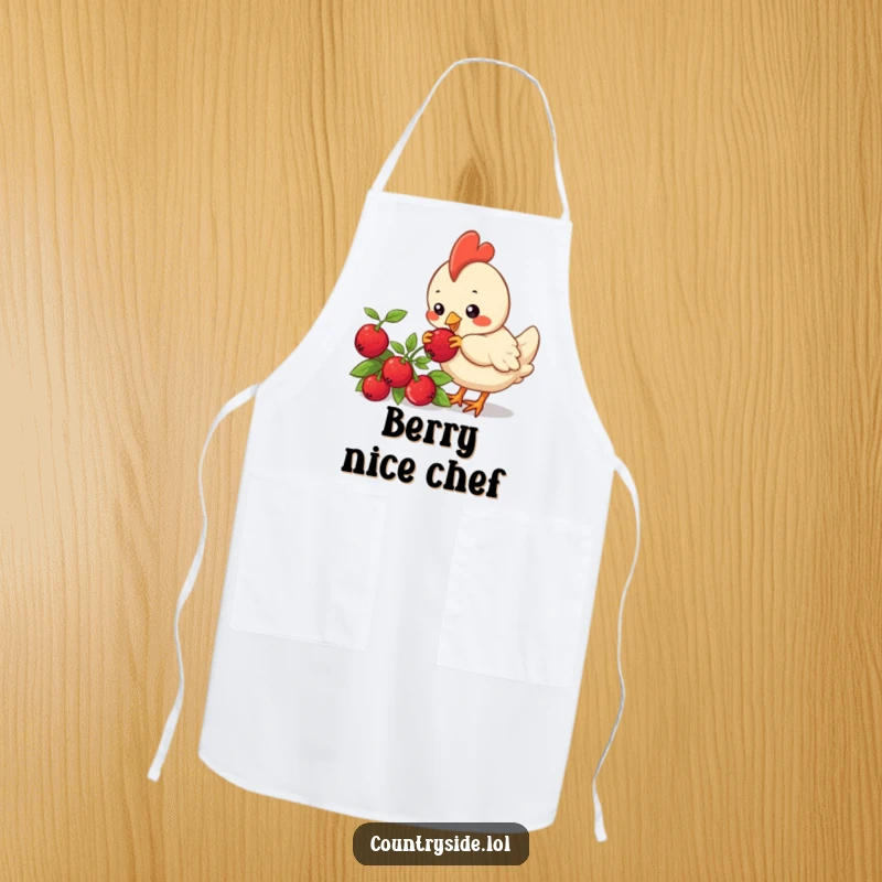Funny Kawaii chicken character pecking a berry on a bush, featured on a functional and humorous apron.