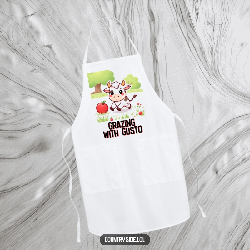 Funny Kawaii cow character chasing an apple across a meadow, printed on a functional and humorous apron for the kitchen.