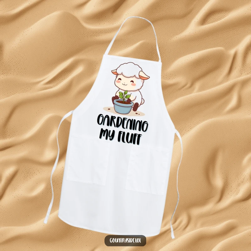 Funny apron featuring a happy Kawaii sheep character tending a seedling, perfect for stylish gardening sessions.