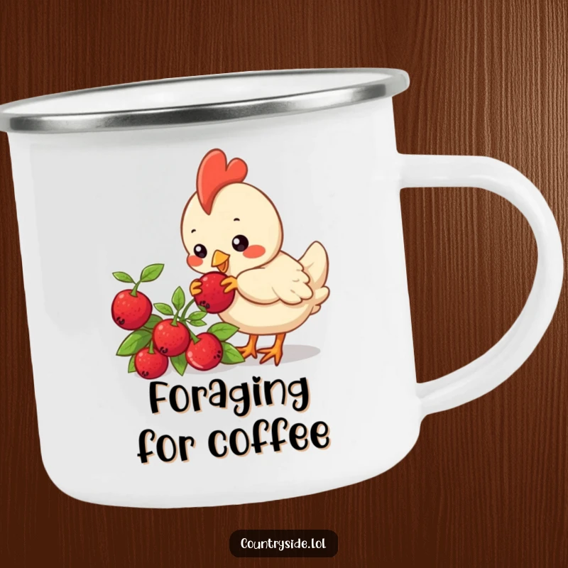 Funny Kawaii chicken character pecking a berry on a bush, designed for a durable and humorous camping mug.