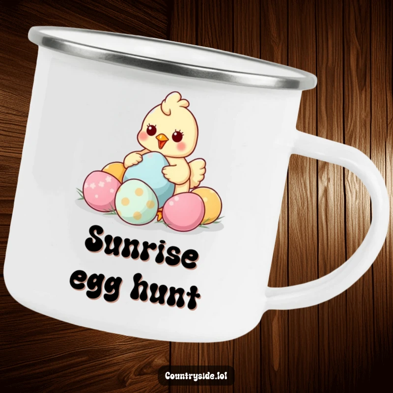 Funny Kawaii chicken character on a rustic camping mug, humorously holding a steaming cup near eggs.