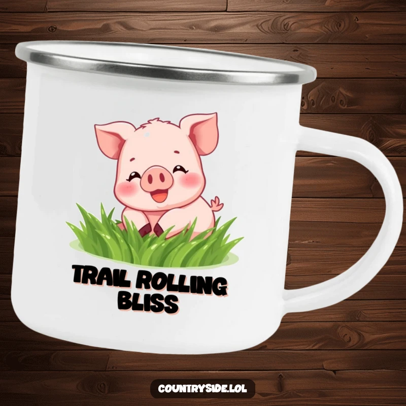 Funny Kawaii piglet humorously rolling in grass on a rugged camping mug, ready for adventure.