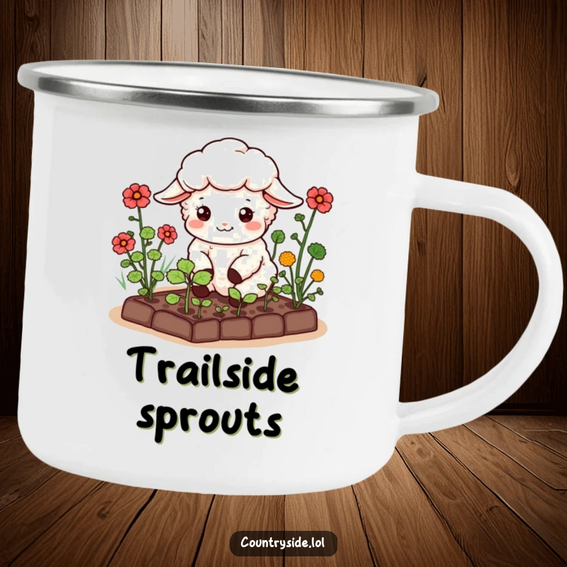 Funny Kawaii Sheep Camping Mug: A happy sheep character tending a miniature vegetable garden, perfect for camp drinks and nature enjoyment.