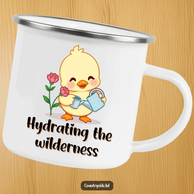 Funny camping mug with a contented Kawaii duck character watering a flower, sturdy for outdoor tranquility.