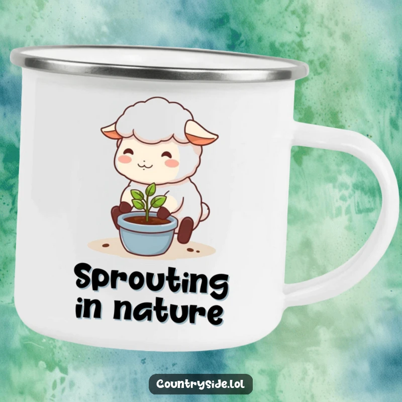 Funny camping mug with a happy Kawaii sheep character tending a tiny seedling, sturdy for nature lovers.