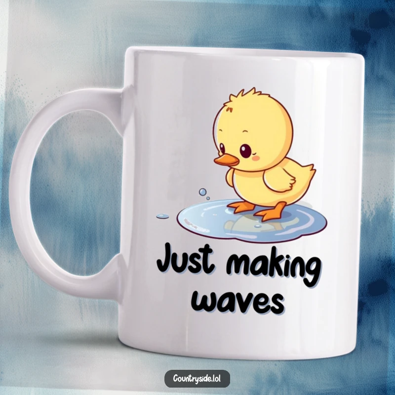 Funny Kawaii duckling character curiously splashing with glee in a small, shimmering puddle.