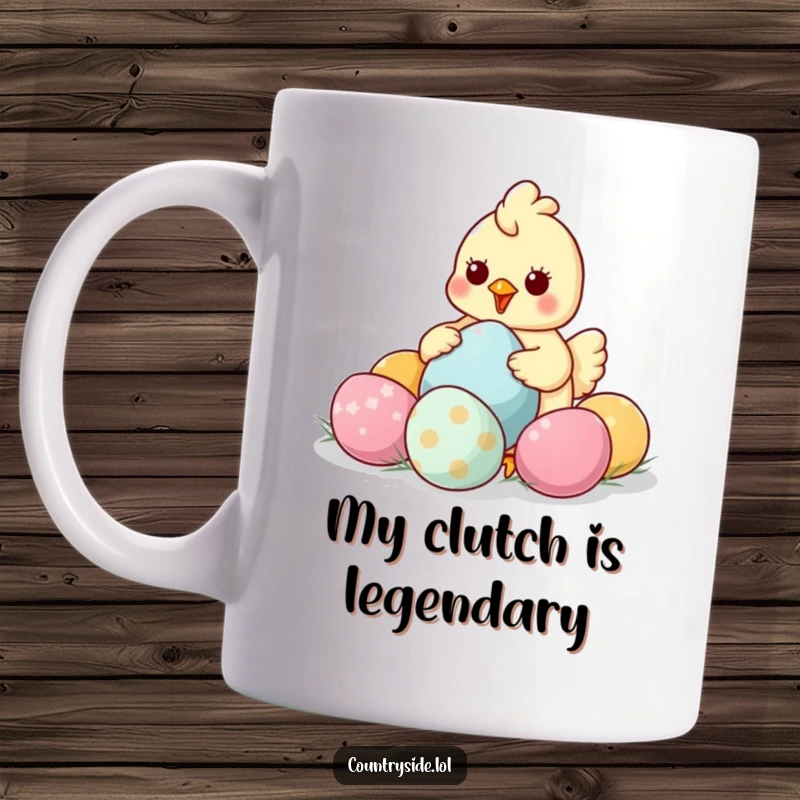 Funny Kawaii chicken character humorously gathering large, vibrant eggs, radiating pure joy and silliness.