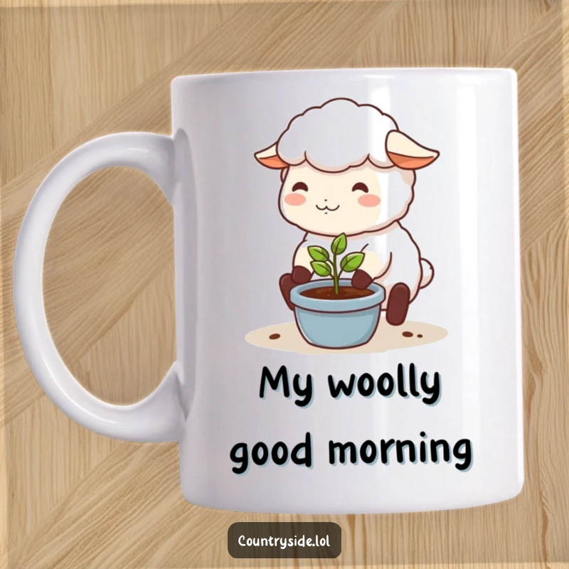 Funny Kawaii sheep mug showing a happy character gently caring for a small sprouting plant in a pot, embodying nature's joy.