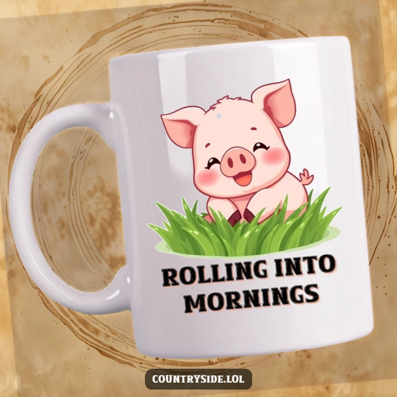 Funny Kawaii piglet character gleefully rolling in lush green grass, radiating pure happiness.