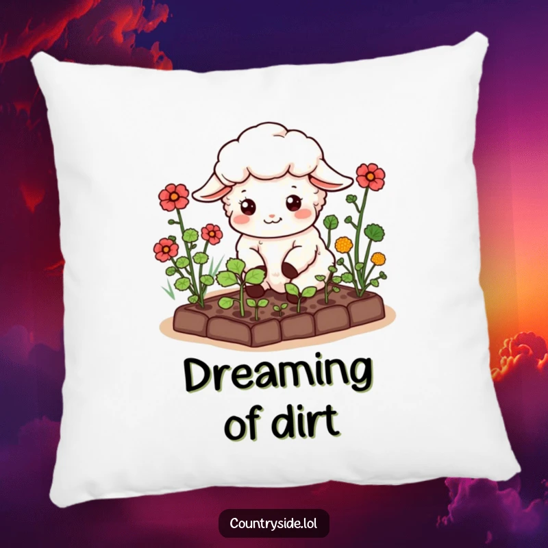 Funny Kawaii Sheep Pillow: A soft pillow with a happy sheep character tending a miniature vegetable garden, perfect for cozy moments.
