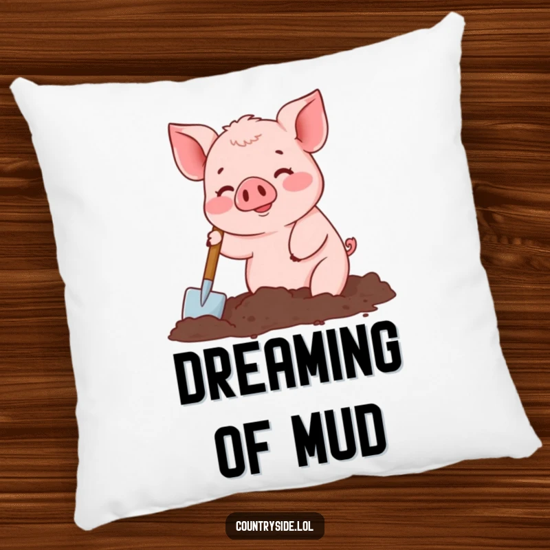 Funny pillow with a busy Kawaii pig character digging in soil, offering comfort and a touch of gardening enthusiasm.