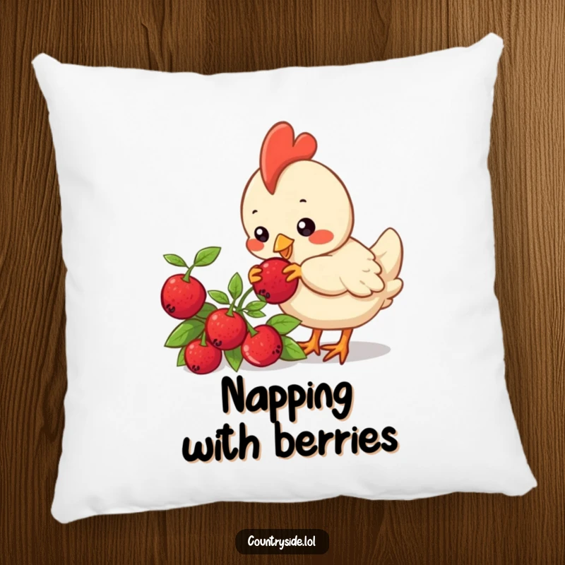 Funny Kawaii chicken character pecking at a berry on a bush, designed for a soft, humorous, and comforting pillow.