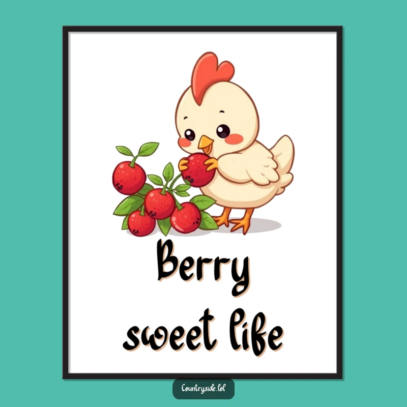 Funny Kawaii Chicken Digital Art Print: Berry Pecking Bird - Humorous Wall Decor Gift