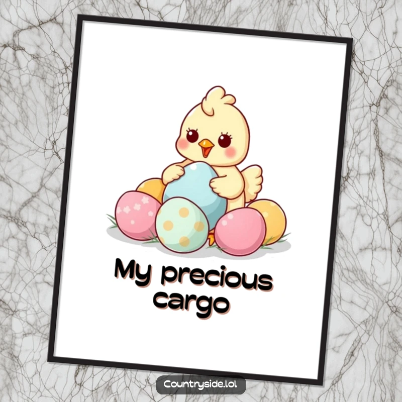 Funny Kawaii chicken character, rendered as digital art, humorously collecting an abundance of vibrant eggs.