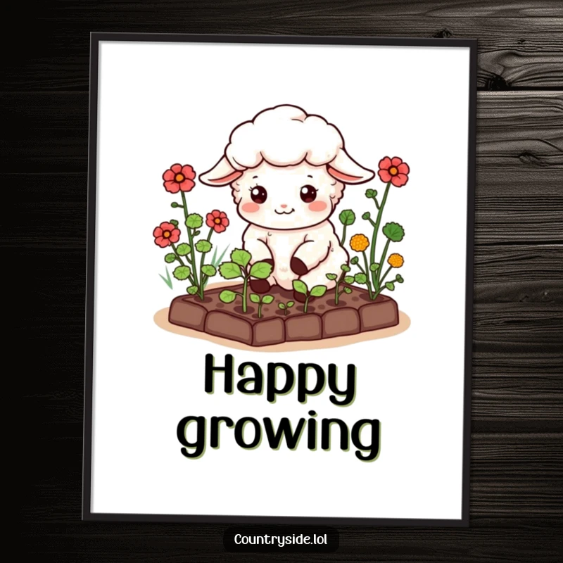 Funny Kawaii Sheep Digital Art Print: A happy sheep character tending a miniature vegetable garden, perfect for serene and humorous wall art.