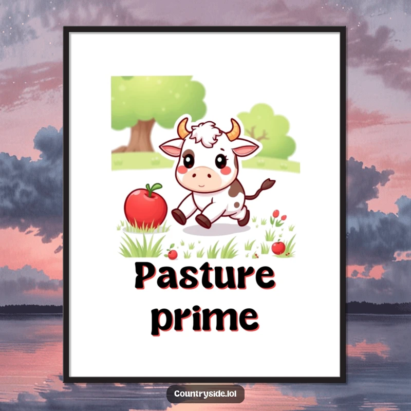 Funny Kawaii cow character joyfully chasing a rolling apple in a meadow, available as a downloadable and humorous art print.