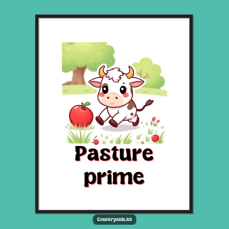 Funny Kawaii Cow Digital Art Print: Playful Apple Chase - Humorous Wall Decor Gift