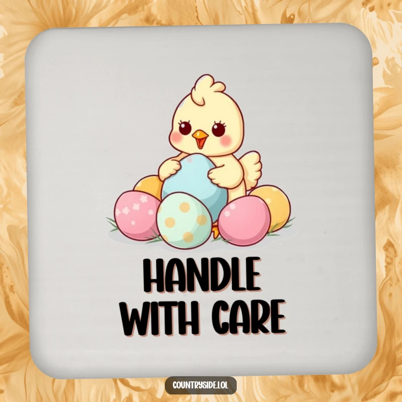 Funny Kawaii chicken character humorously guarding a drink on a colorful, oversized egg-shaped coaster.