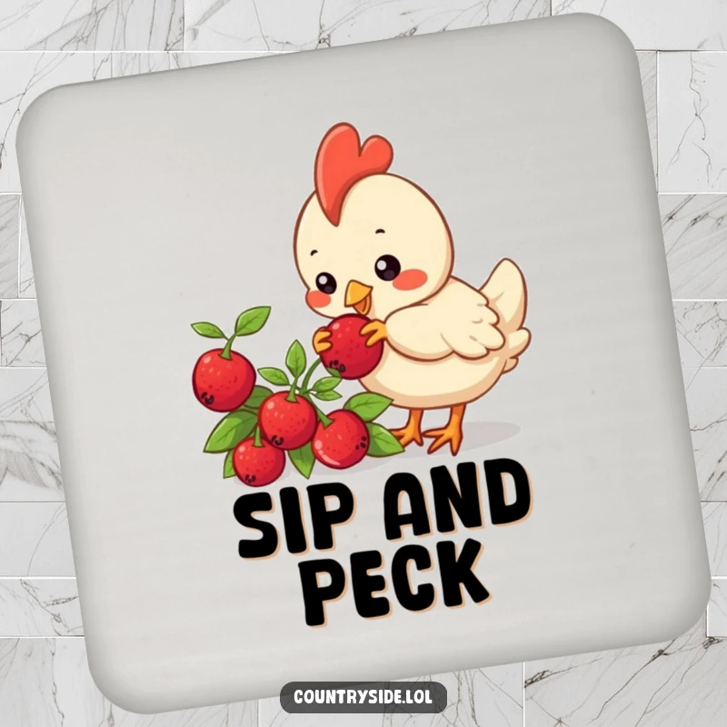 Funny Kawaii chicken character pecking a berry on a bush, depicted on a coaster for humorous surface protection.
