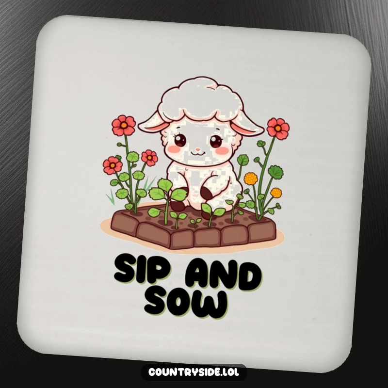 Funny Kawaii Sheep Coaster: A happy sheep character tending a miniature vegetable garden, protecting tables with nature-themed humor.
