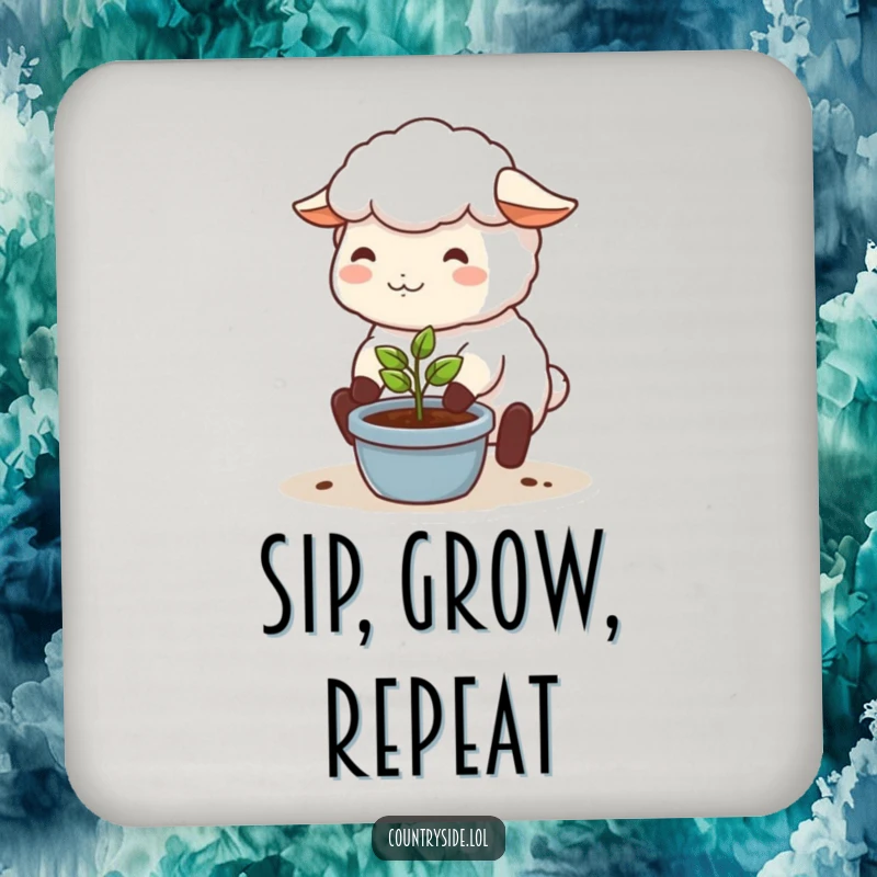 Funny drink coaster with a happy Kawaii sheep character tending a small plant, adding a touch of garden cuteness.