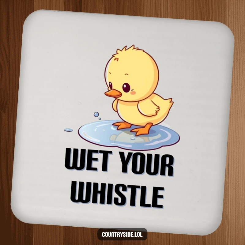 Funny Kawaii duckling humorously splashing in a puddle on a durable drink coaster, adding cheer.