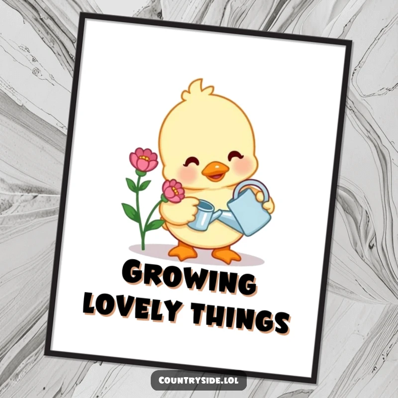 Funny poster art of a contented Kawaii duck character gently watering a blooming flower, perfect for serene decor.