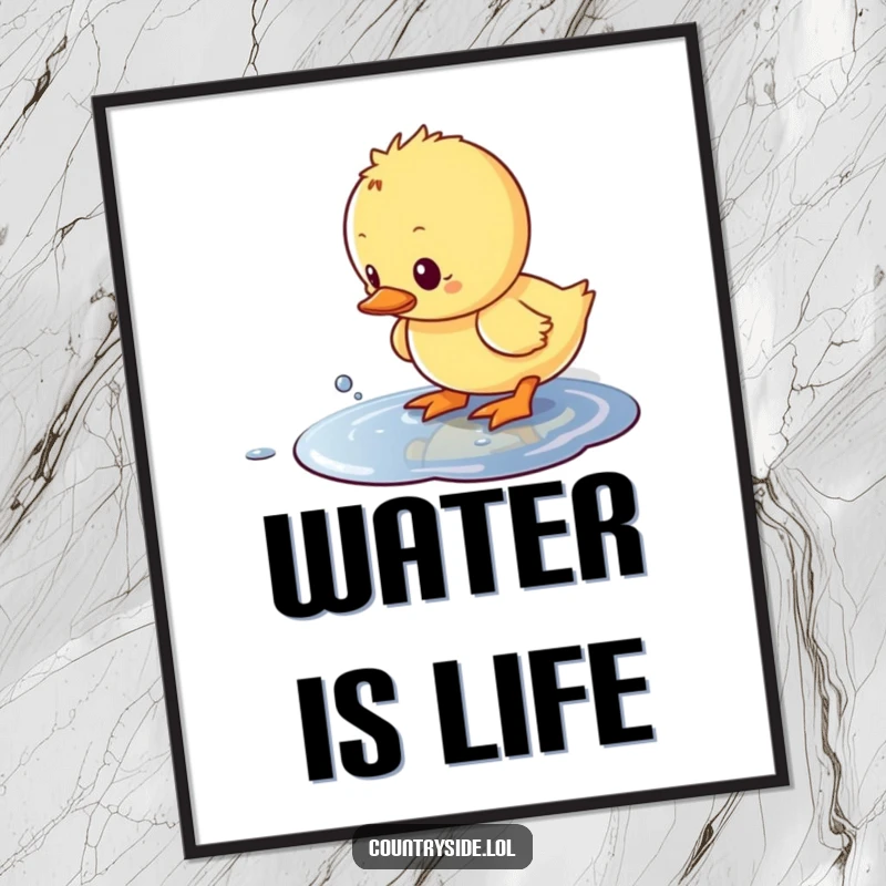Funny Kawaii duckling character, humorously captured mid-splash in a tiny puddle, creating joyful water effects.