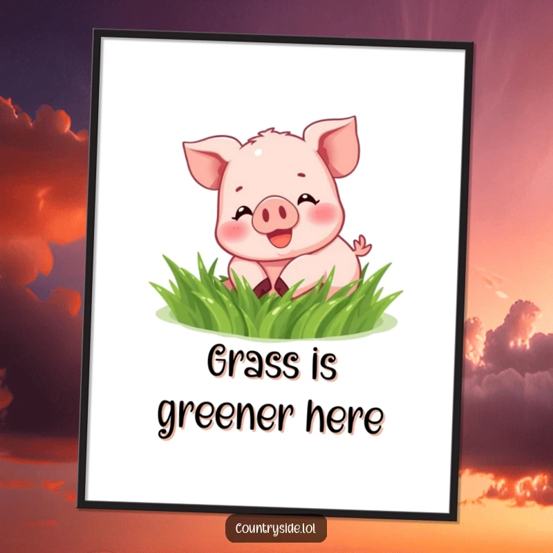 Funny Kawaii piglet character in a vibrant green field, humorously captured mid-roll with pure joy.