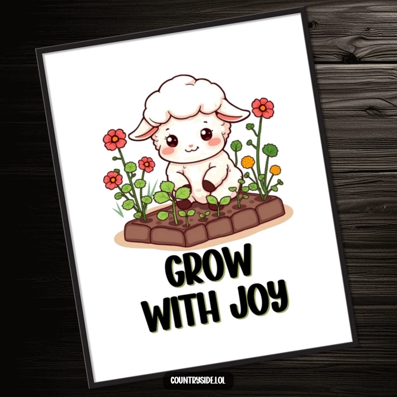 Funny Kawaii Sheep Poster: A happy sheep character tending a miniature vegetable garden, adding peaceful and humorous art to walls.