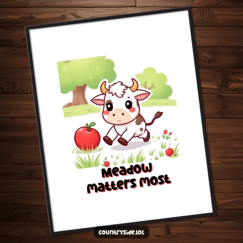 Funny Kawaii cow character caught mid-chase with a rolling apple in a picturesque meadow, creating humorous wall art.