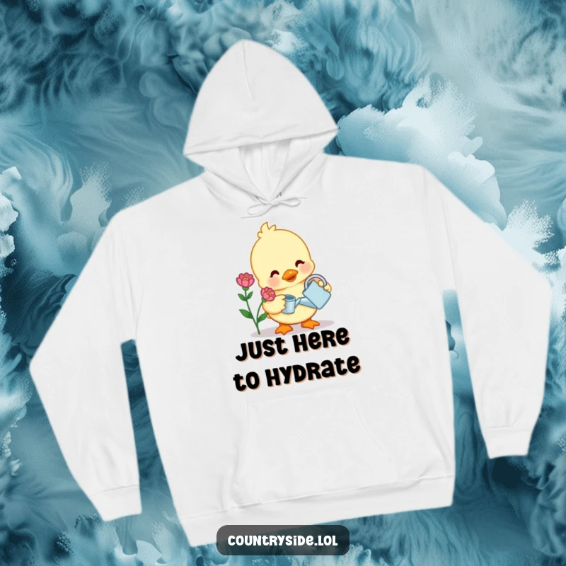 Funny hoodie showcasing a contented Kawaii duck character watering a flower, designed for cozy, gentle comfort.