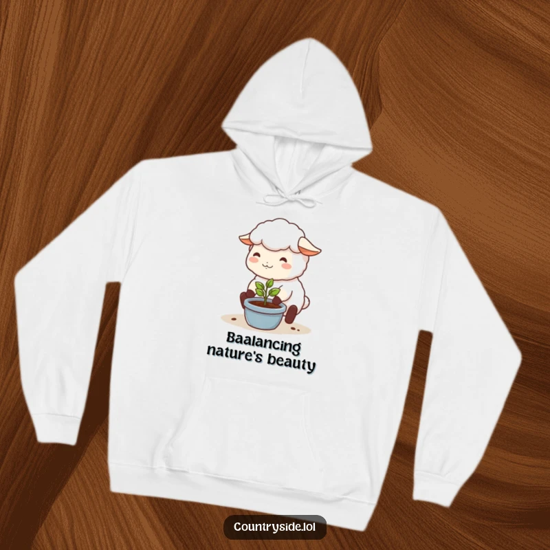 Funny hoodie showcasing a happy Kawaii sheep character caring for a small plant, designed for cozy, nature-loving comfort.