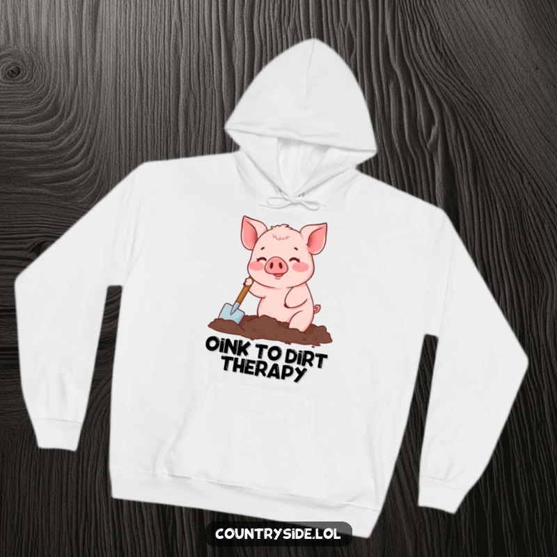 Funny hoodie showcasing a busy Kawaii pig character happily digging in soil, designed for cozy, hardworking comfort.