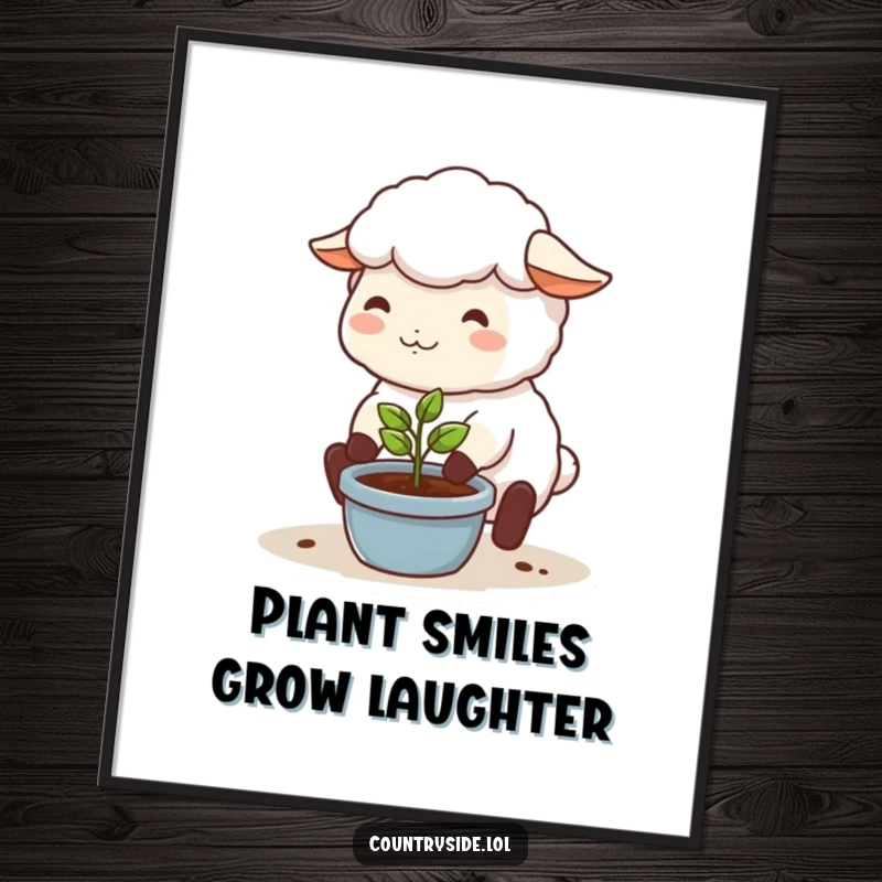 Funny Free Printable Wall Art: A happy Kawaii sheep merrily tends a tiny sprouting seedling in a pot, bringing garden charm indoors.