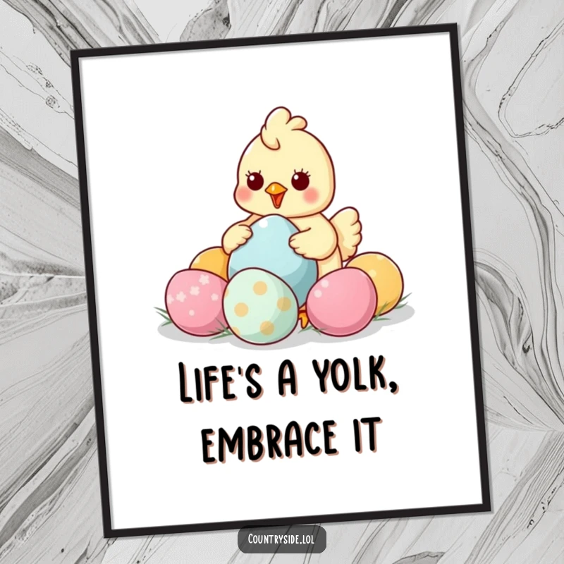 Funny Free Printable Wall Art: Adorable Kawaii chicken happily gathering oversized, brightly colored eggs in a basket.