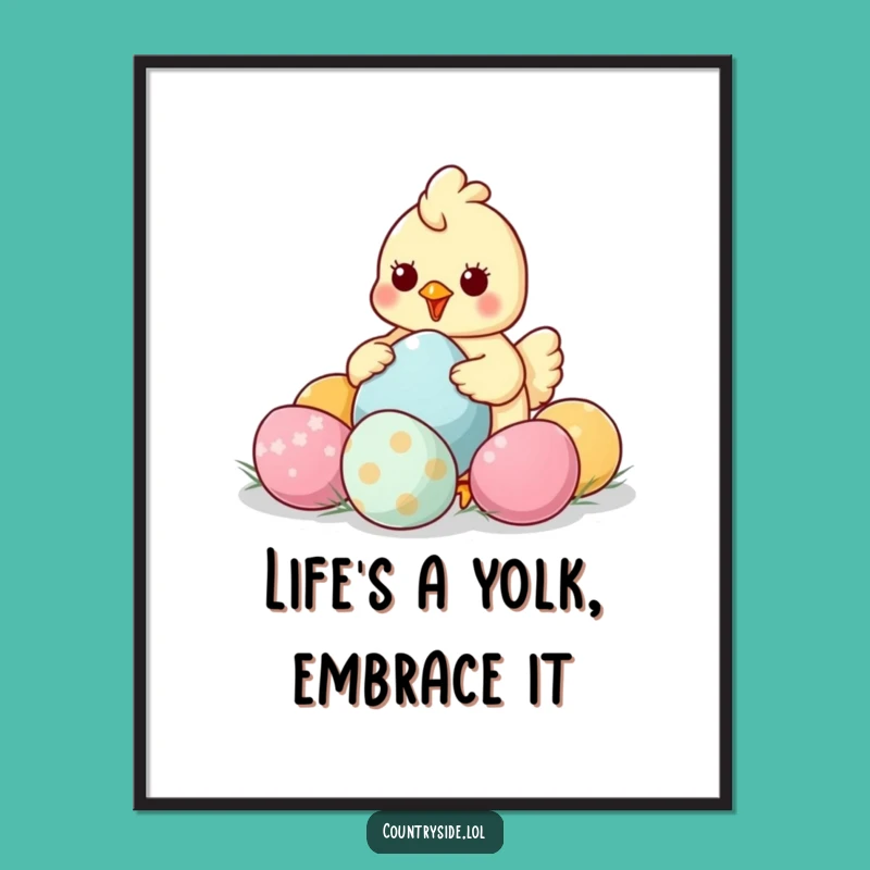 Funny Free Printable Wall Art: Kawaii Chicken Collecting Giant Colorful Eggs, Downloadable Decor