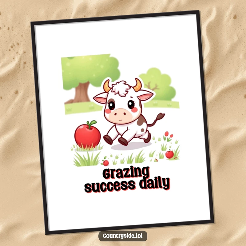 Funny Free Printable Wall Art: A playful Kawaii cow gleefully chasing a rolling apple through a meadow.