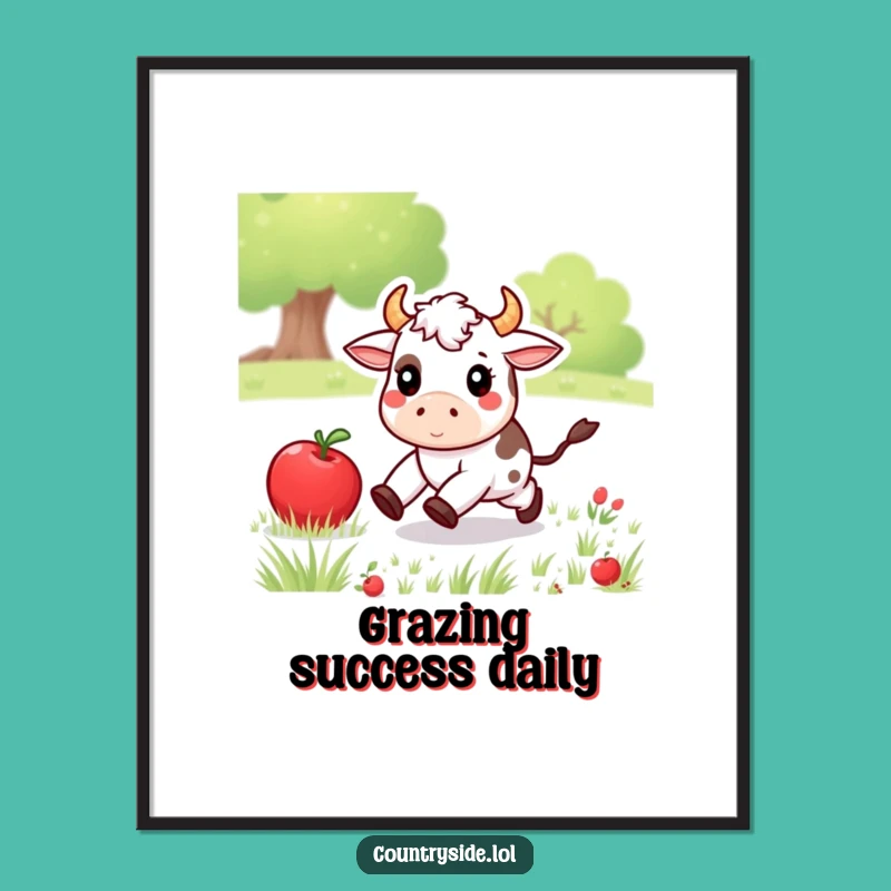 Free Printable Kawaii Cow Art: Hilarious Rolling Apple Chase Wall Decor Download
