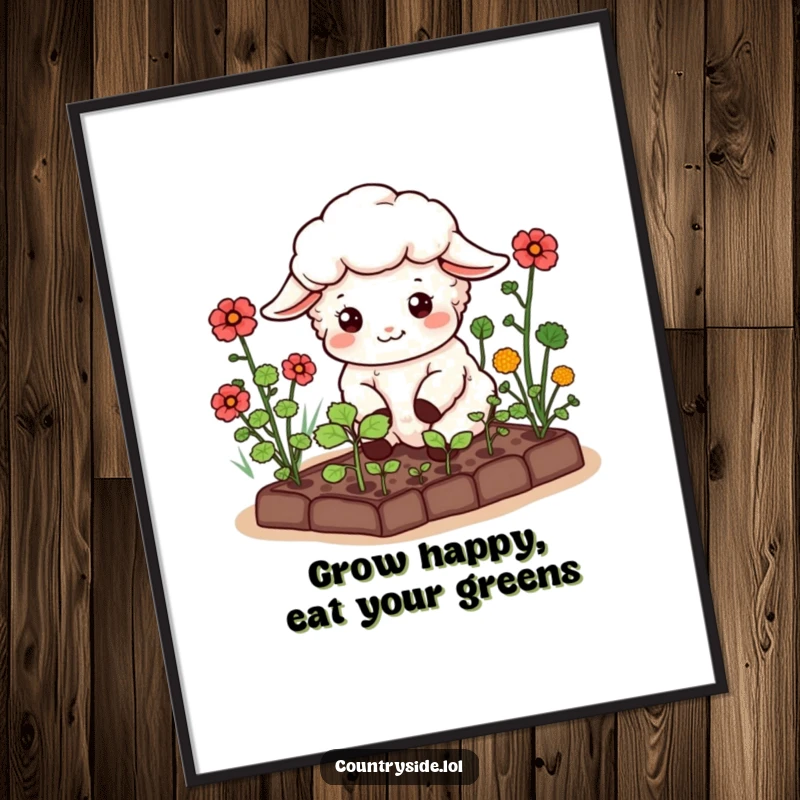 Funny Free Printable Kawaii sheep wall art happily tending a miniature garden, adding calm, humorous, and natural charm to any room, downloadable.