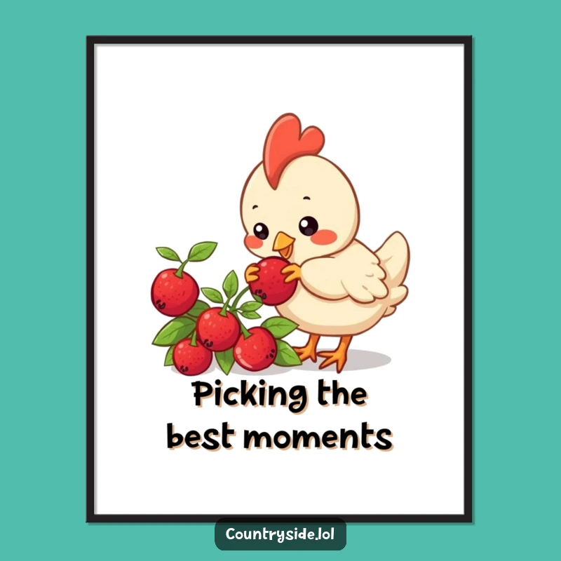 Free Printable Kawaii Chicken Art: Curious Berry Pecking Wall Decor Download