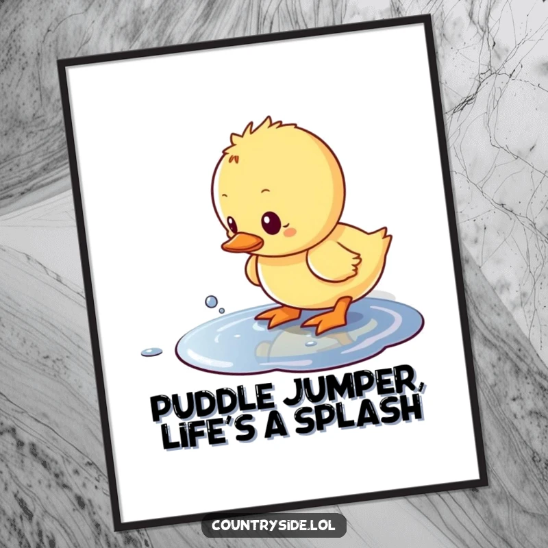 Funny Free Printable Wall Art: Cute Kawaii duckling enthusiastically splashing water in a small puddle, full of curiosity.