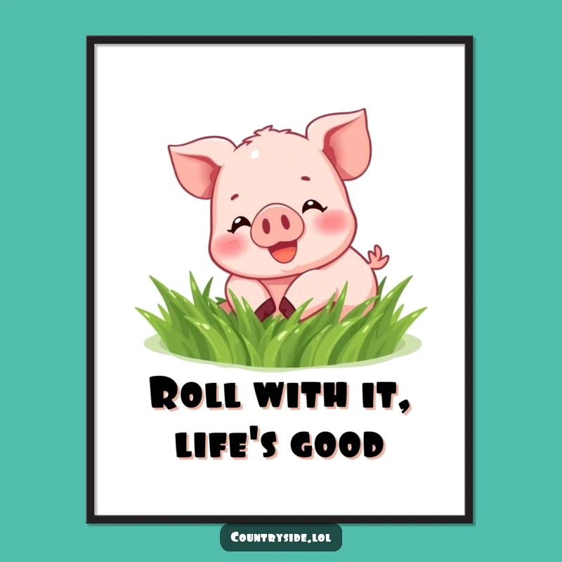 Funny Free Printable Wall Art: Joyful Kawaii Piglet Rolling in Grass, Downloadable Decor