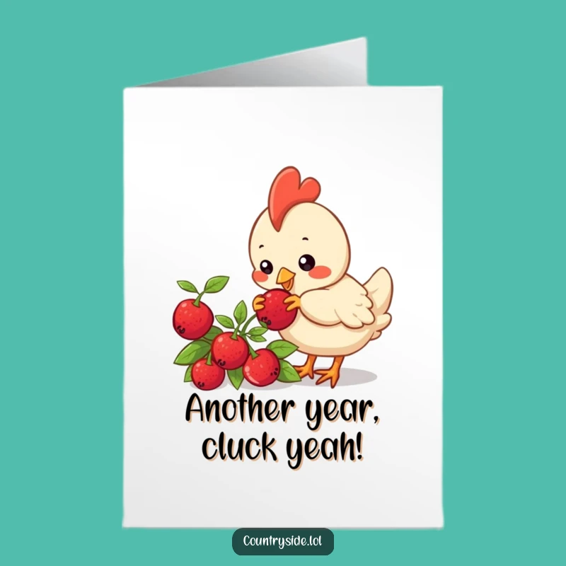 Free Printable Kawaii Chicken Birthday Card: Cute Berry Pecking Downloadable Fun