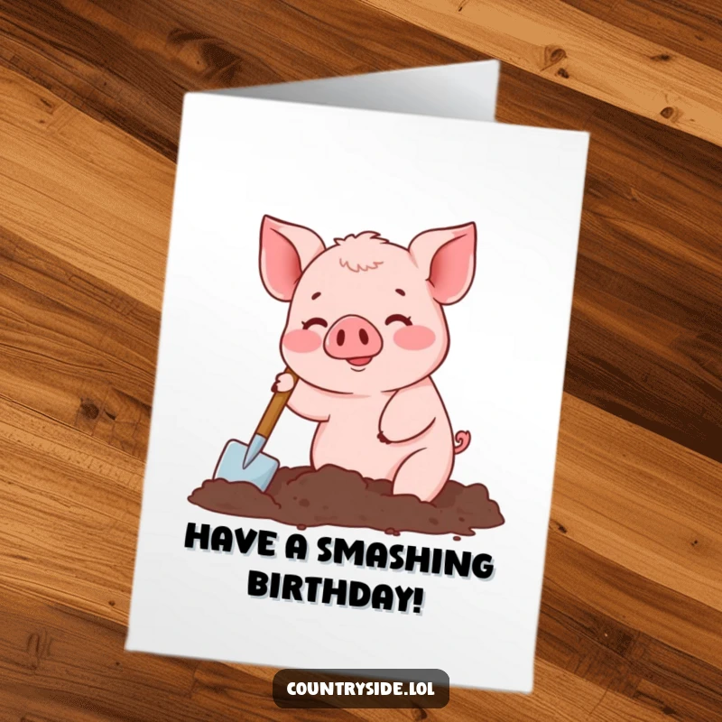 Funny Free Printable Birthday Card: A busy Kawaii pig cheerfully digs in the earth, ready to celebrate a birthday.