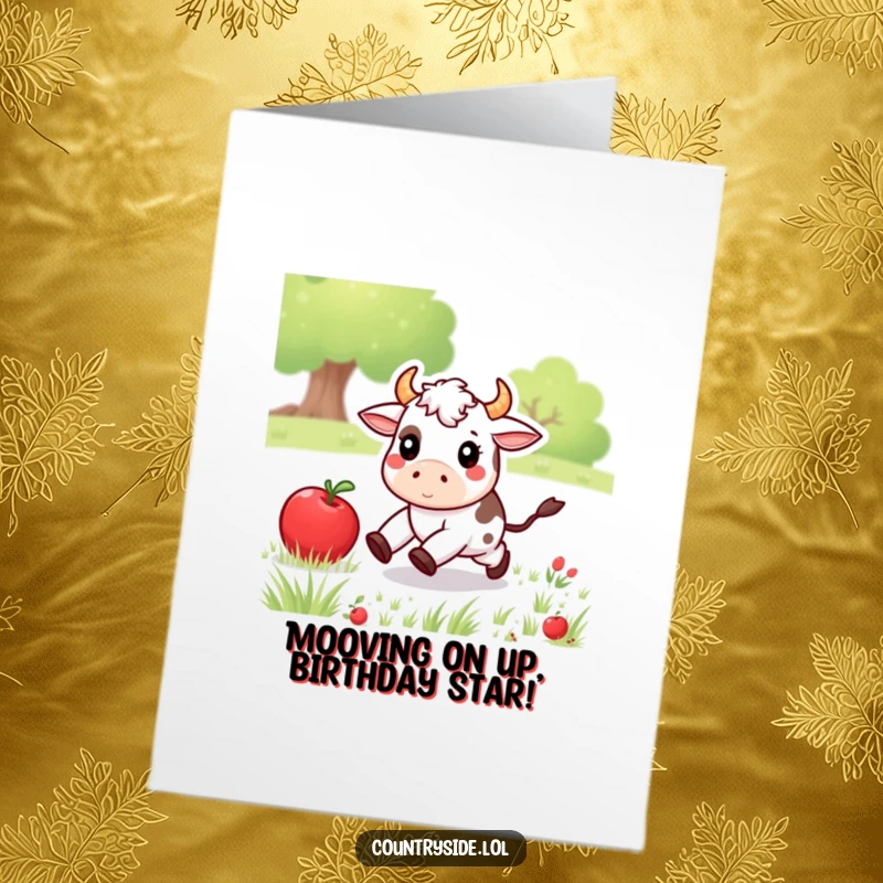 Funny Free Printable Birthday Card: Kawaii cow joyfully chasing a rolling apple across a sunny meadow.