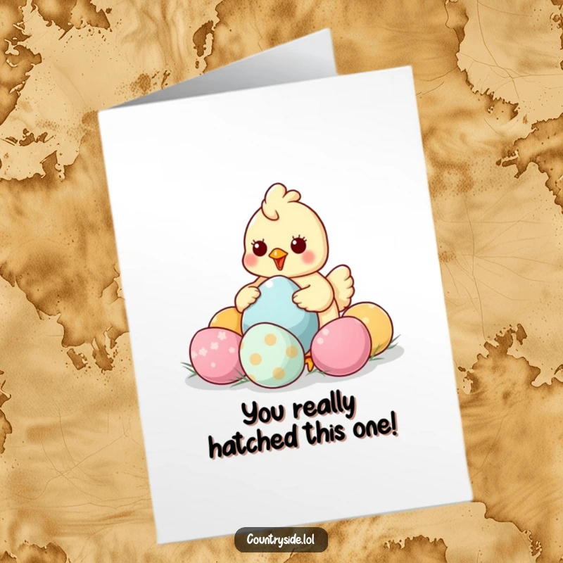 Funny Free Printable Congrats Card: Kawaii chicken gleefully holding a massive, colorful egg for good news.