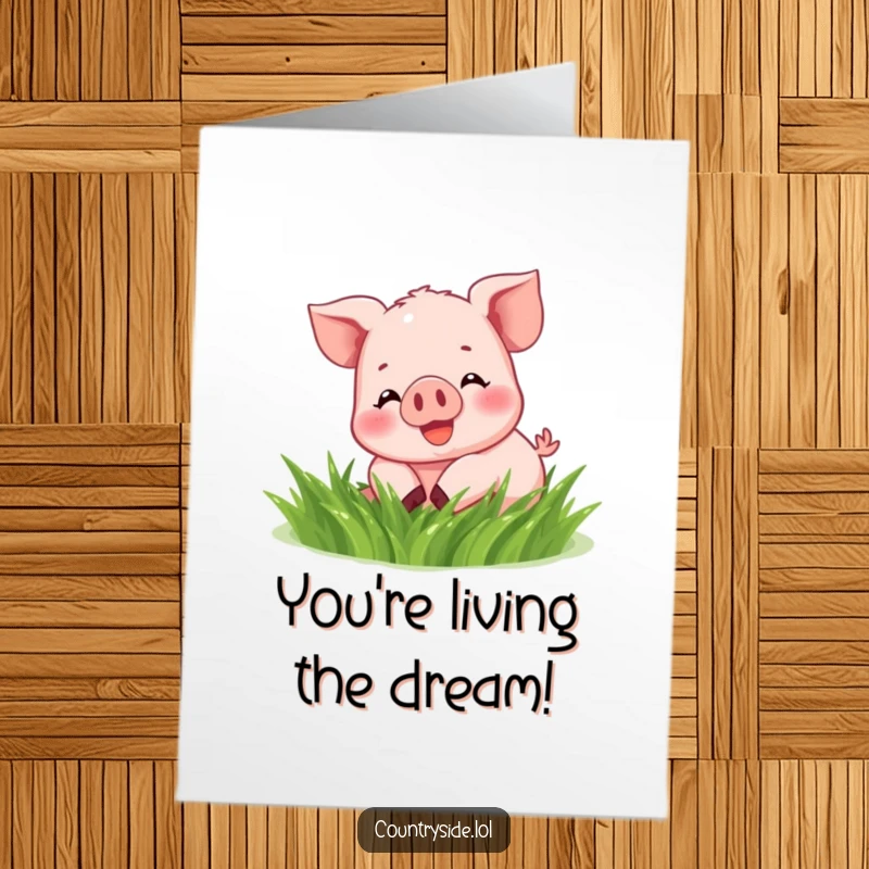 Funny Free Printable Congrats Card: Happy Kawaii piglet rolling with glee in a vibrant patch of green grass.