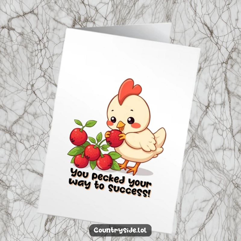 Funny Free Printable Congratulations Card: Curious Kawaii chicken pecking at a berry, celebrating success.