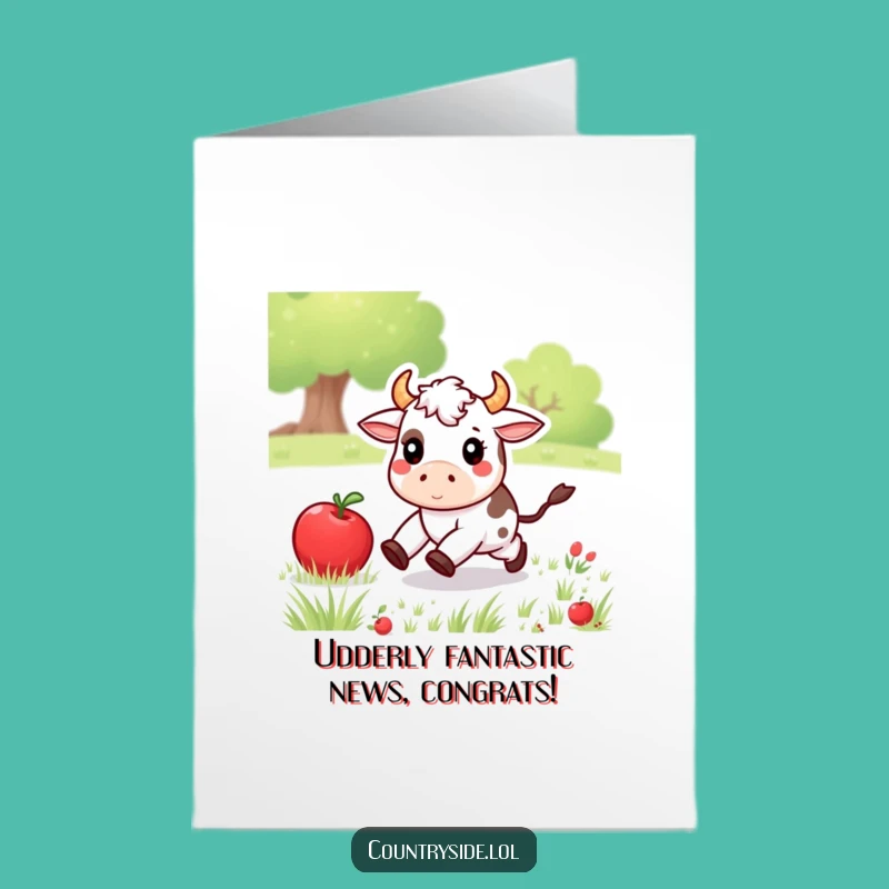 Free Printable Kawaii Cow Congrats Card: Funny Rolling Apple Chase Downloadable